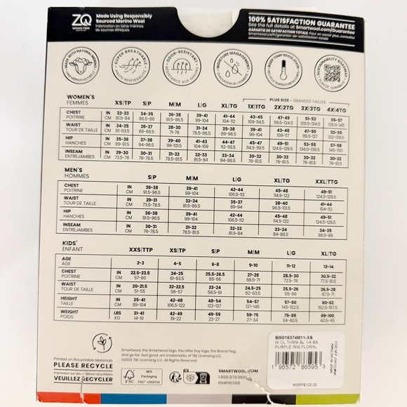 Smartwool Baselayer Womens 1/4 Zip Thermal Merino Size XS Purple Iris Floral NWT - Picture 7 of 11